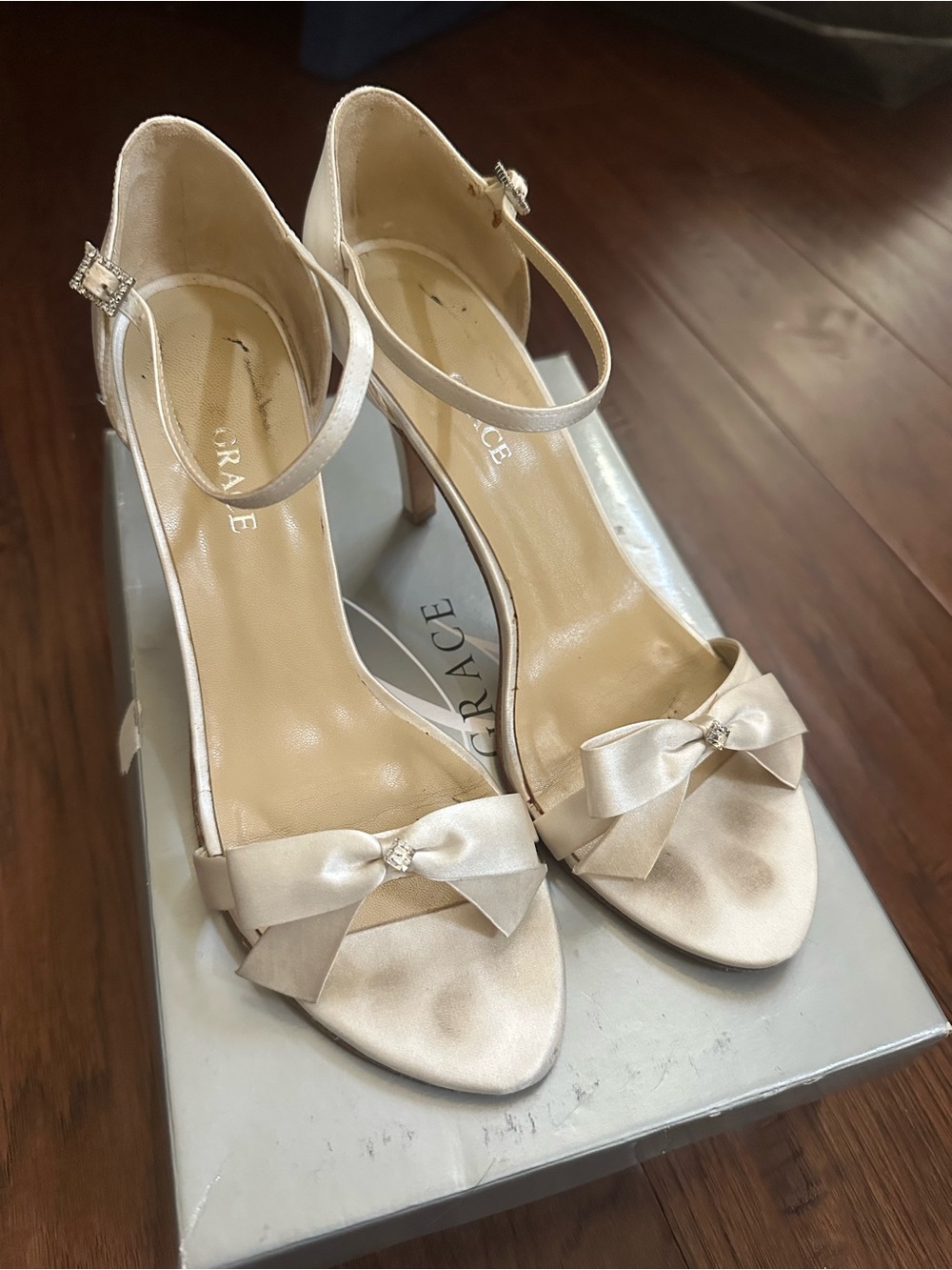 GRACE Ivory Satin Bow Ankle-Strap Wedding Formal Heels
